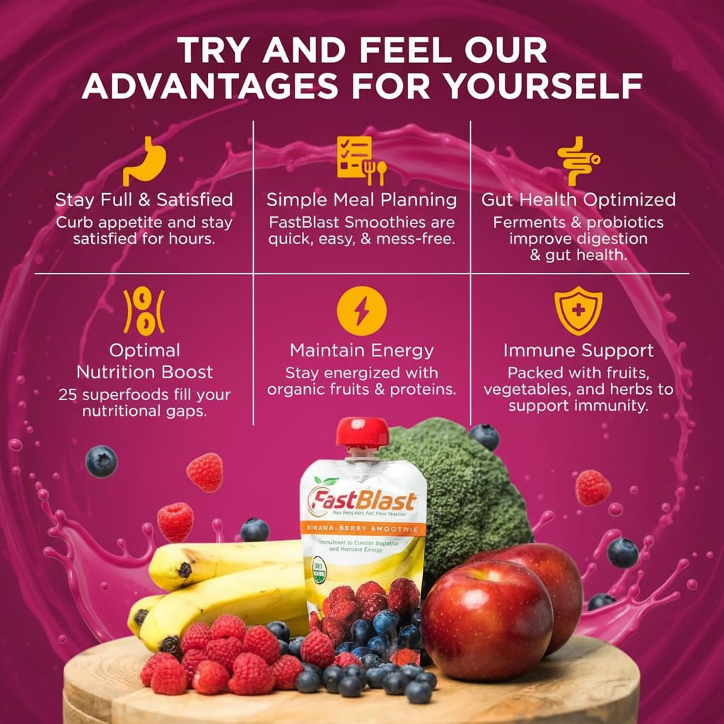 Fruit Smoothie Pouches Banana Berry - 1 Pack, 12 Pcs USDA Organic Gluten Free Snacks for Adults, No Added Sugar, Intermittent Fasting Support, Protein Pouches Adult Meal Replacement