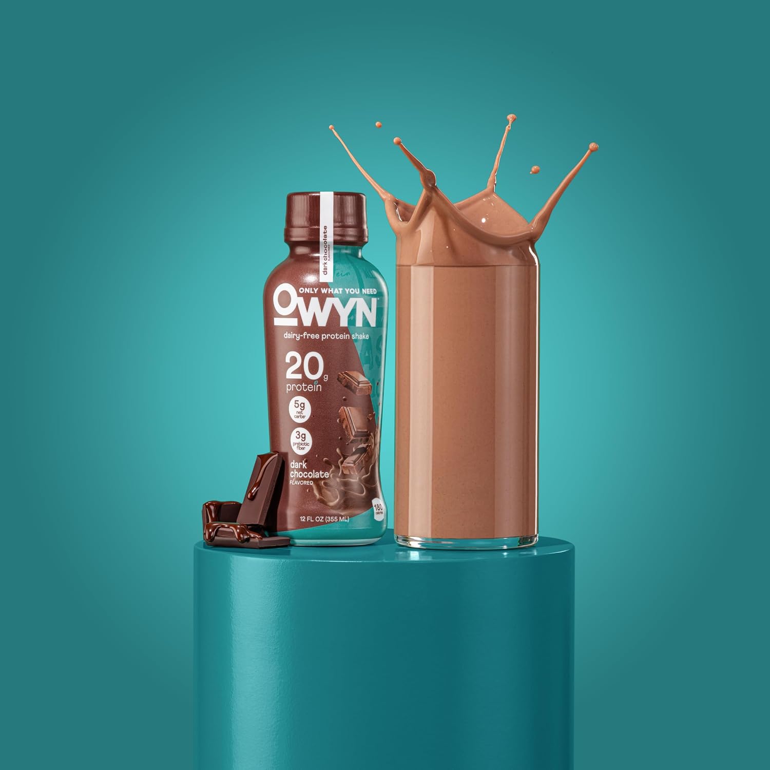 OWYN Only What You Need Dark Chocolate Flavored 20g Protein Shake, 12 Ct | 20g Protein, 4g Sugar, 3g Prebiotic Fiber, Dairy Free, Plant Protein, Gluten Free, Individual 12fl oz Bottles