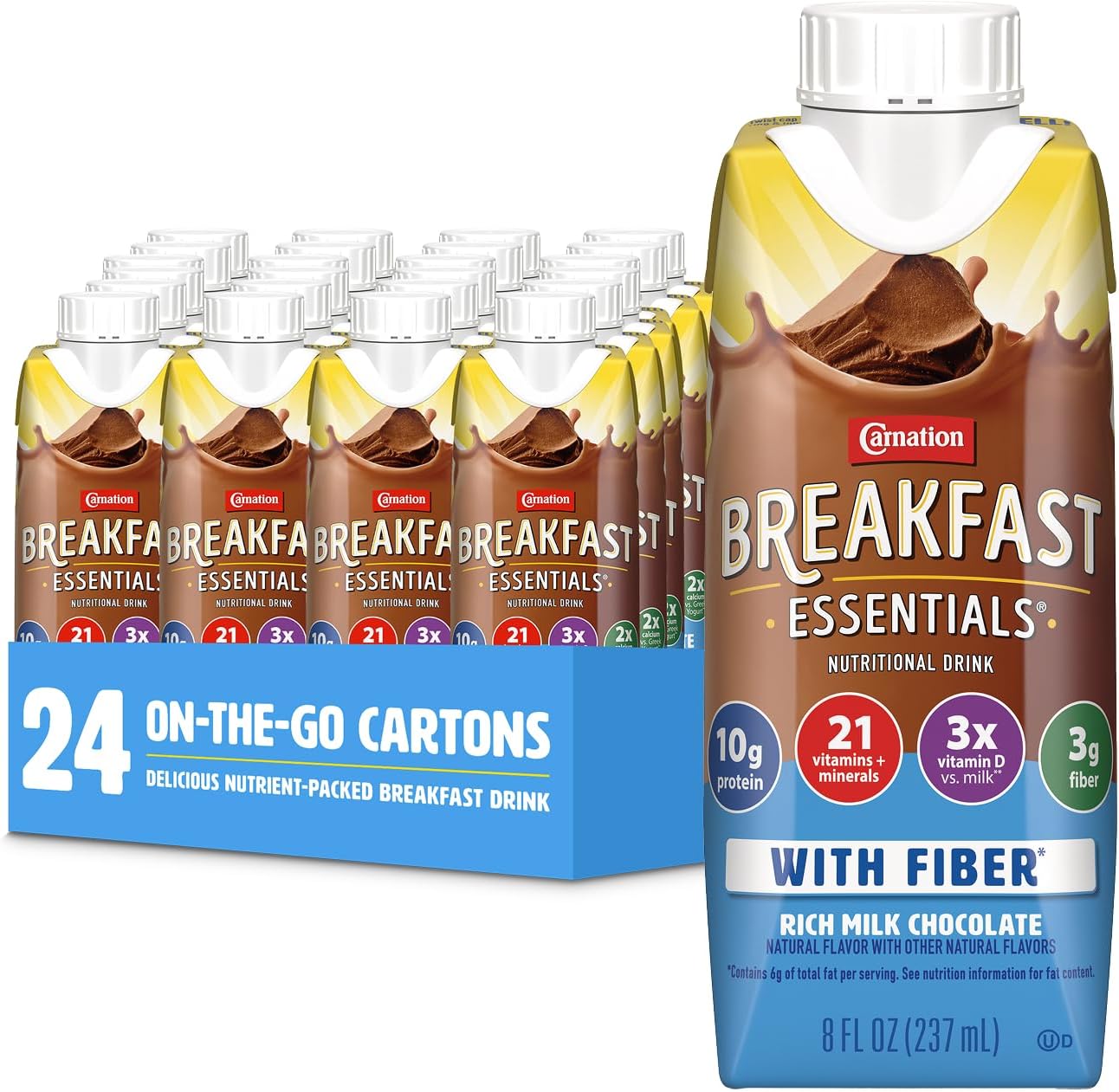 Carnation Breakfast Essentials Ready to Drink with Fiber, Chocolate, 24 pk