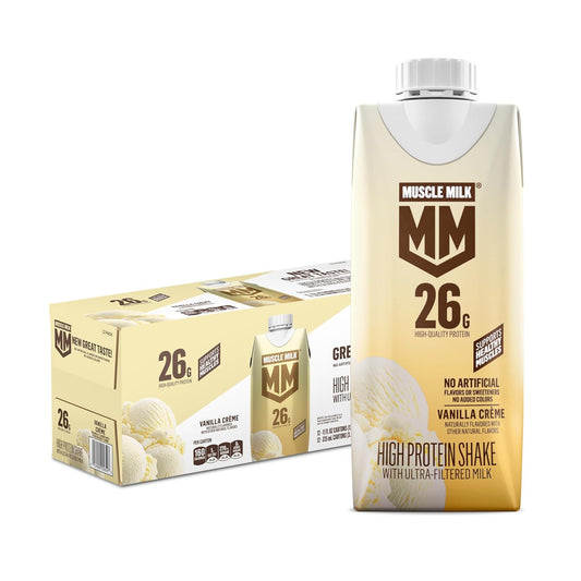 Muscle Milk High Protein Shake, Vanilla Creme, 11 fl oz Cartons (12 Pack) | Ultra Filtered Milk, 26g Protein, 3g Sugar, 160 Calories, No Artificial Flavors, No Artificial Sweeteners, No Added Colors