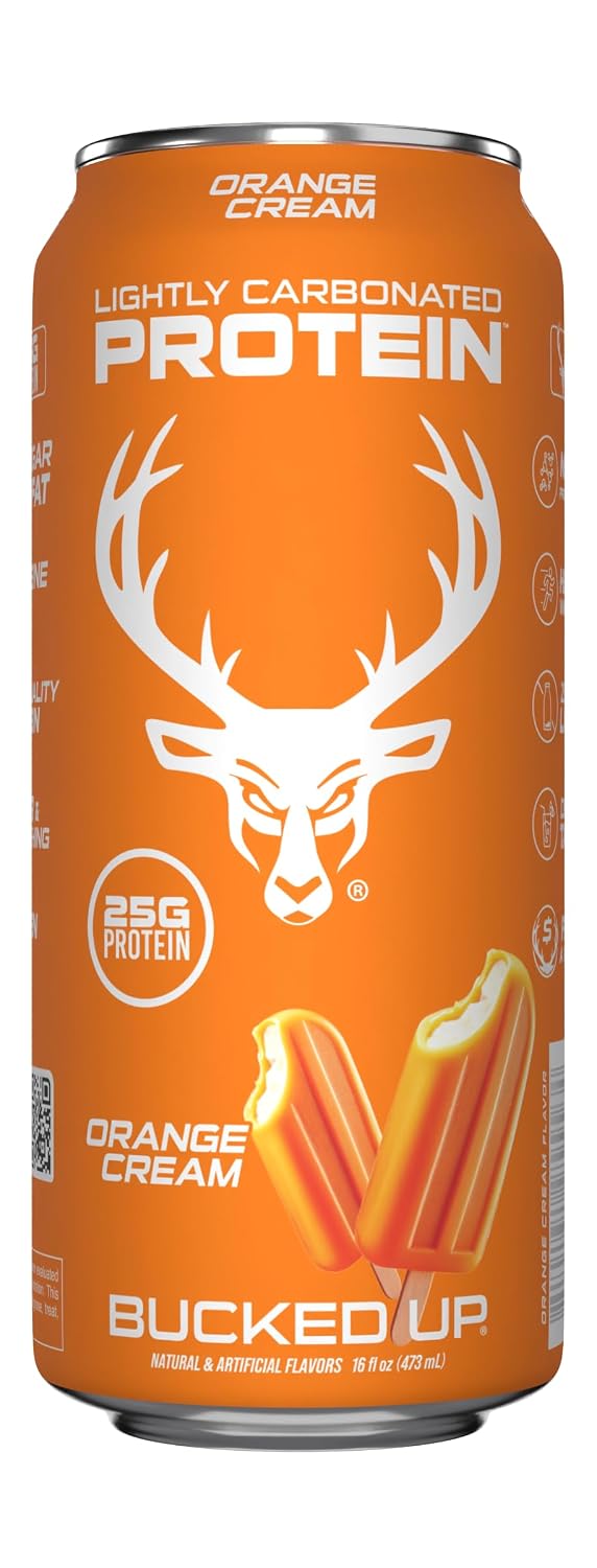 Bucked Up Lightly Carbonated Protein Soda | 25g Whey Isolate - Zero Sugar, Low Calorie, Caffeine Free, Clean Drink | Sparkling Protein Soda - 12 Pack, 16 oz Cans (Orange Cream)