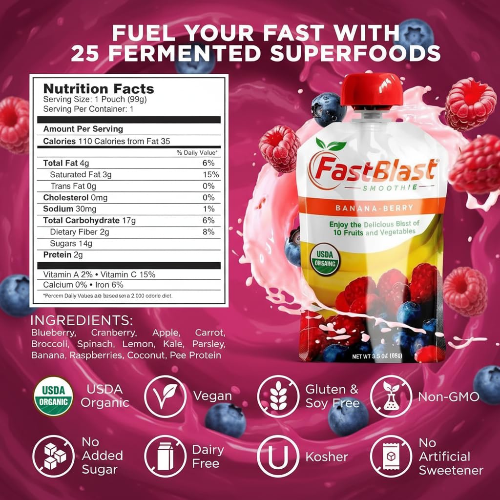 Fruit Smoothie Pouches Banana Berry - 1 Pack, 12 Pcs USDA Organic Gluten Free Snacks for Adults, No Added Sugar, Intermittent Fasting Support, Protein Pouches Adult Meal Replacement