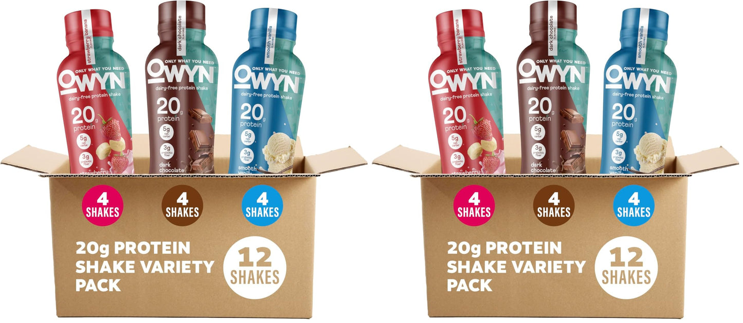 OWYN Only What You Need Dark Chocolate Flavored 20g Protein Shake, 12 Ct | 20g Protein, 4g Sugar, 3g Prebiotic Fiber, Dairy Free, Plant Protein, Gluten Free, Individual 12fl oz Bottles