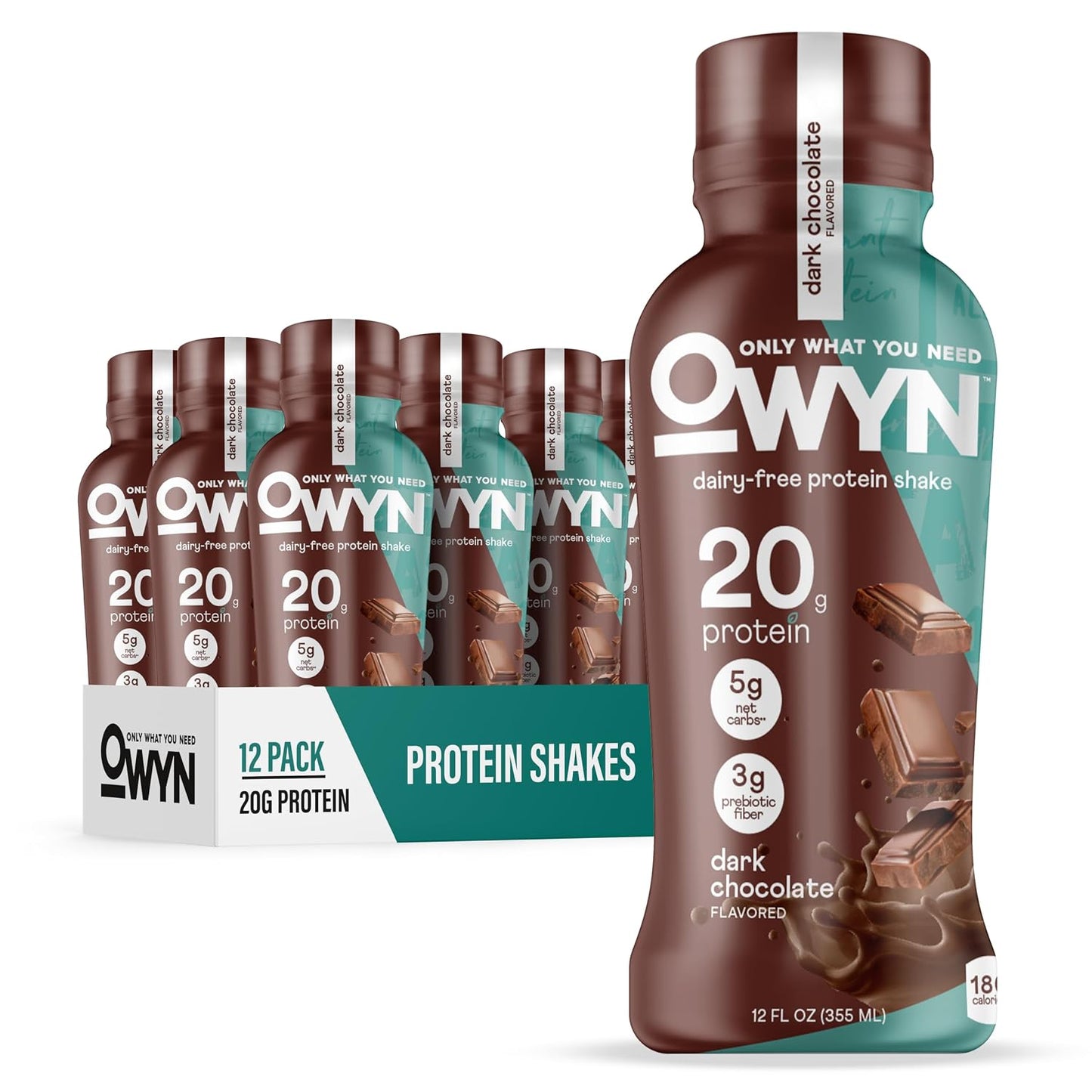 OWYN Only What You Need Dark Chocolate Flavored 20g Protein Shake, 12 Ct | 20g Protein, 4g Sugar, 3g Prebiotic Fiber, Dairy Free, Plant Protein, Gluten Free, Individual 12fl oz Bottles