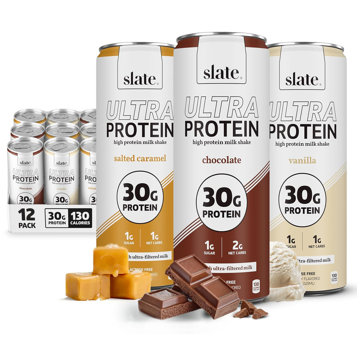 Slate Milk Ultra High Protein Milk Shake (Sweet & Salty Pack) Chocolate, Vanilla & Salted Caramel - 30g Protein, 1g Sugar, 130 Calories, 1-2g Net Carbs, No Added Sugar, Lactose Free, 11 fl oz, 12 Cans