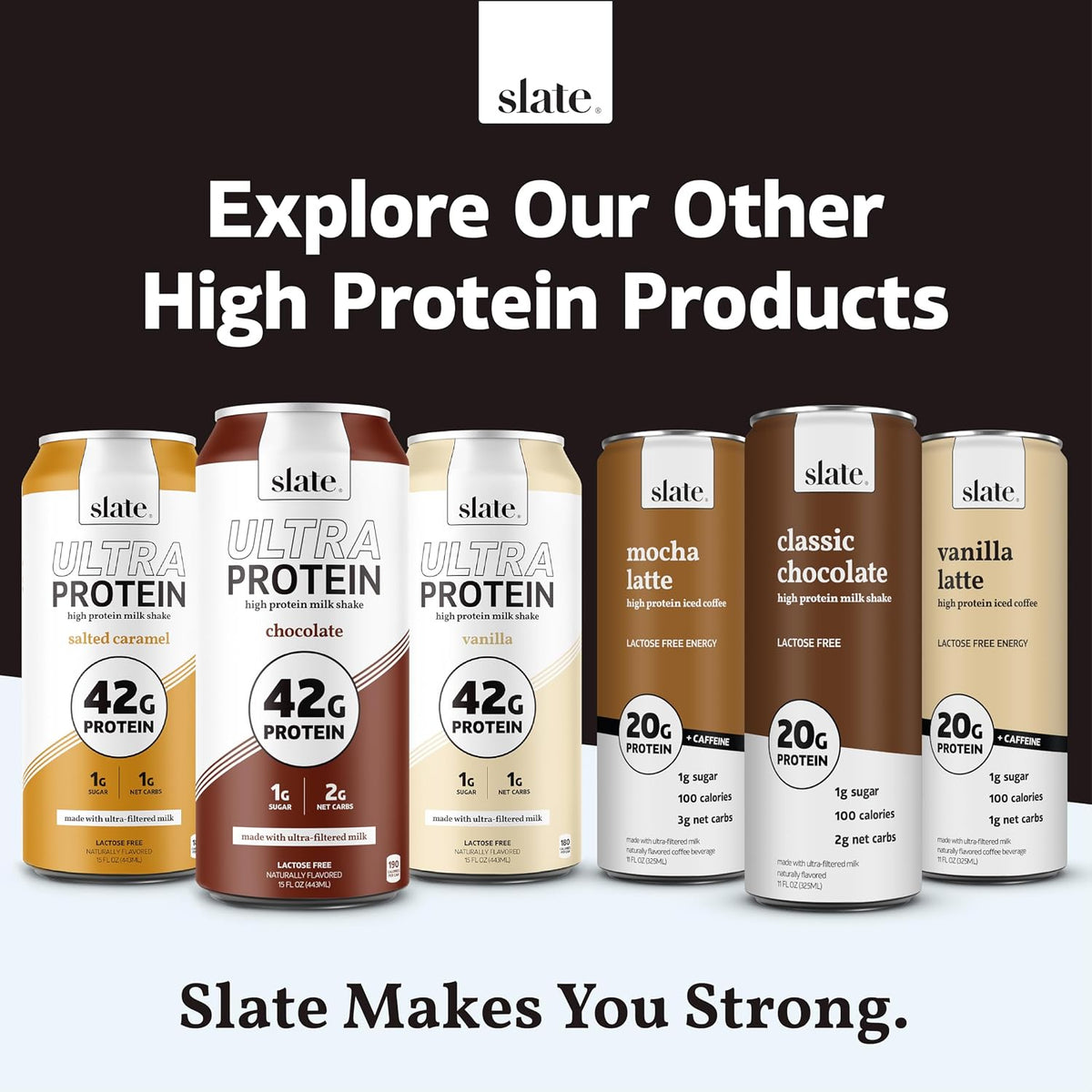 Slate Milk Ultra High Protein Milk Shake (Sweet & Salty Pack) Chocolate, Vanilla & Salted Caramel - 30g Protein, 1g Sugar, 130 Calories, 1-2g Net Carbs, No Added Sugar, Lactose Free, 11 fl oz, 12 Cans