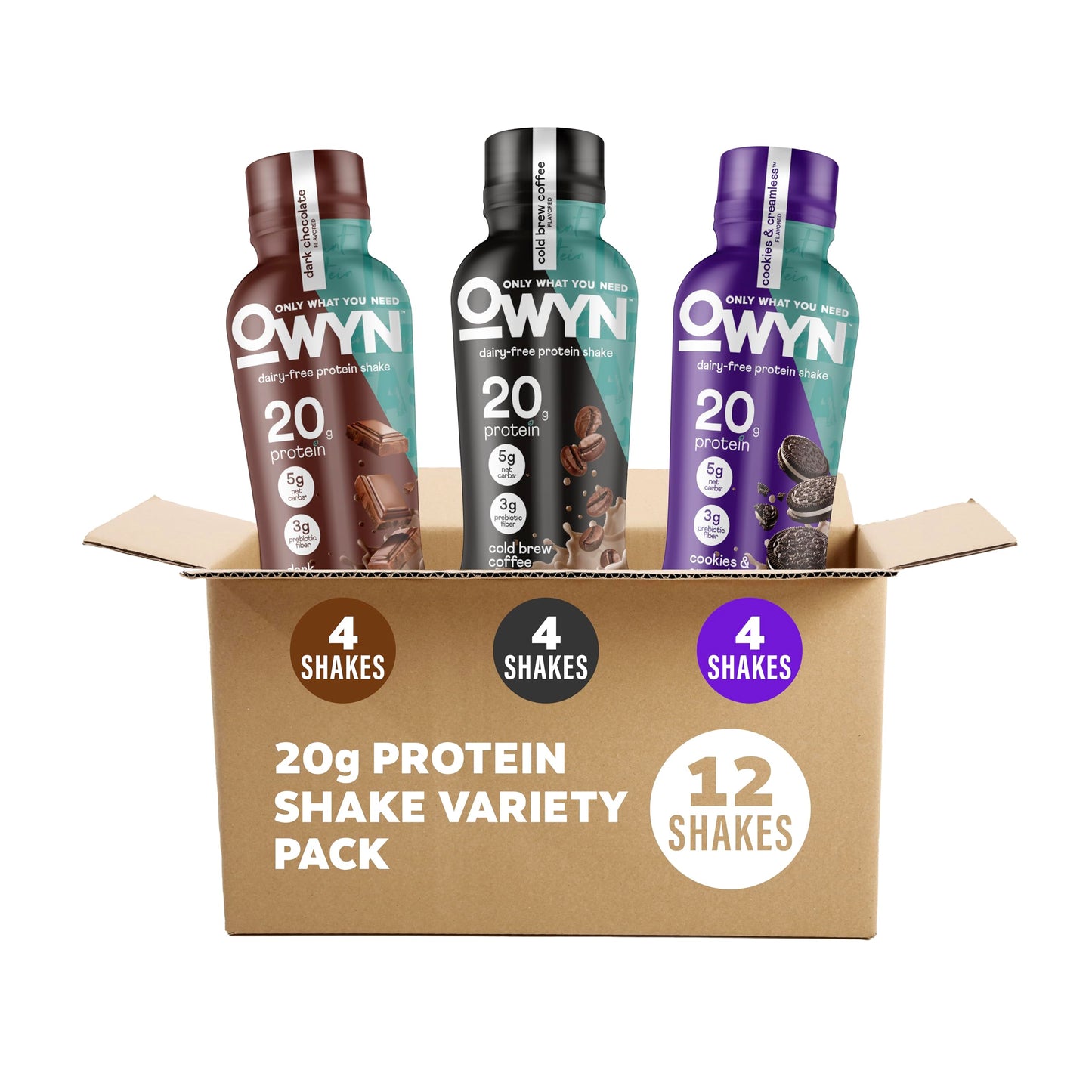 OWYN Only What You Need Dark Chocolate Flavored 20g Protein Shake, 12 Ct | 20g Protein, 4g Sugar, 3g Prebiotic Fiber, Dairy Free, Plant Protein, Gluten Free, Individual 12fl oz Bottles