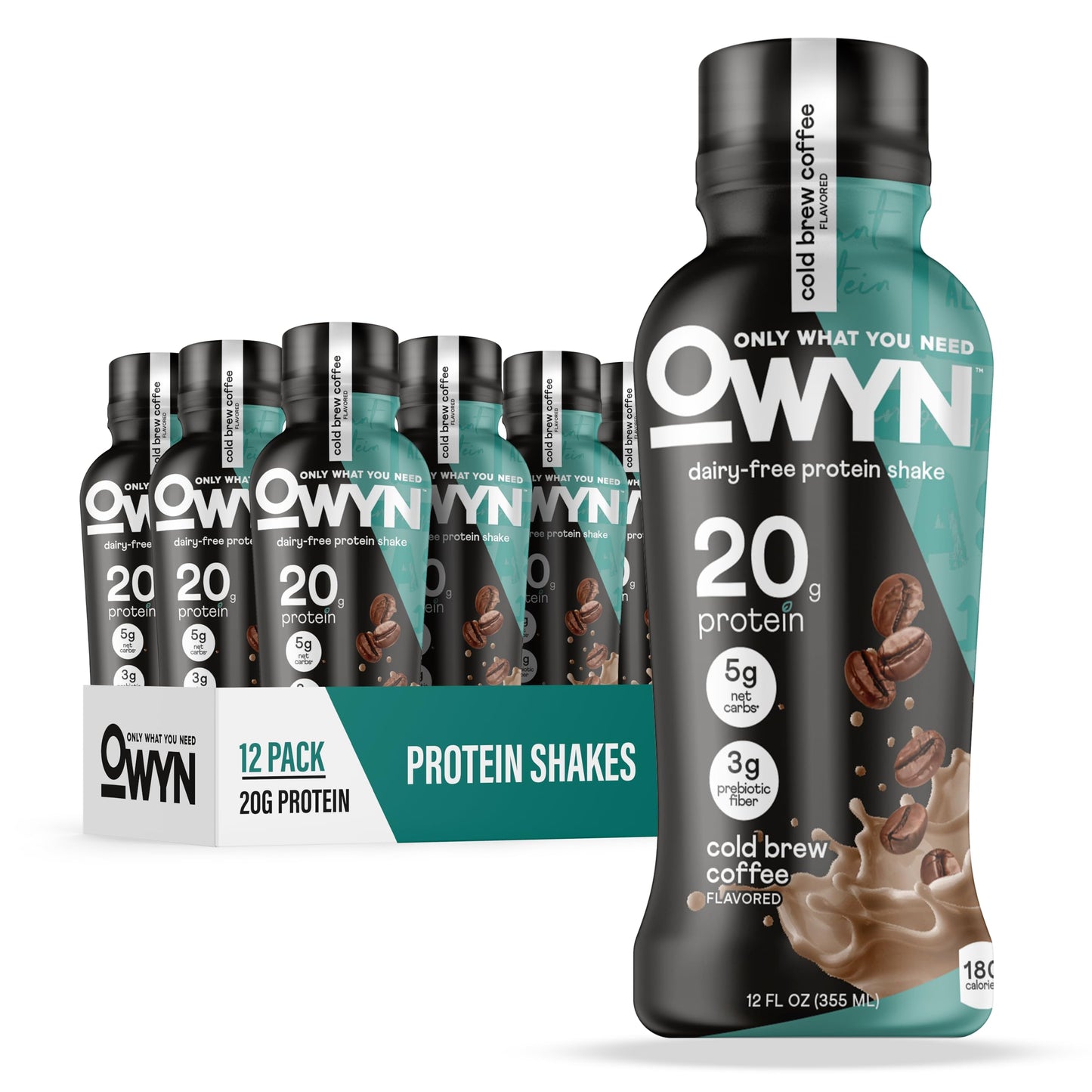 OWYN Only What You Need Dark Chocolate Flavored 20g Protein Shake, 12 Ct | 20g Protein, 4g Sugar, 3g Prebiotic Fiber, Dairy Free, Plant Protein, Gluten Free, Individual 12fl oz Bottles