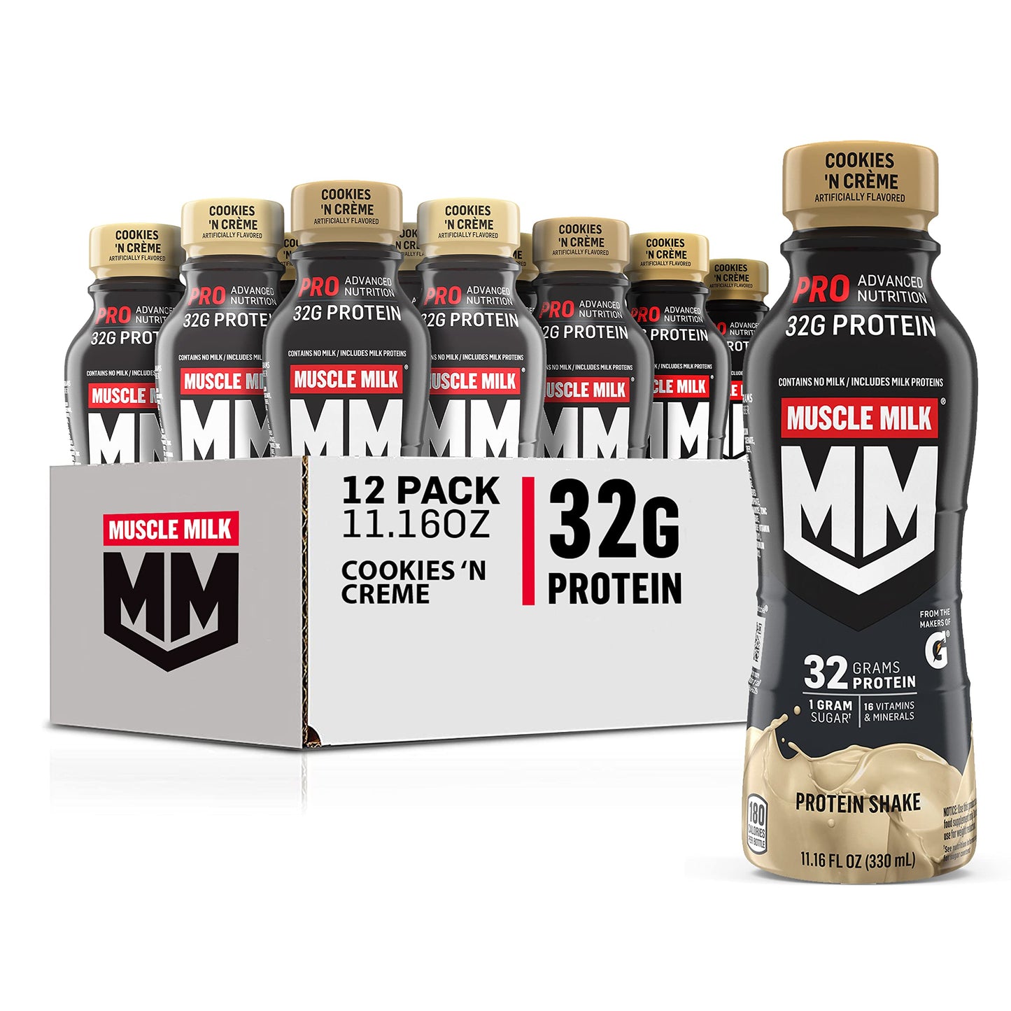 Muscle Milk Pro Advanced Nutrition Protein Shake, Intense Vanilla, 11.16 Fl Oz (Pack of 12), 32g Protein, 1g Sugar, 16 Vitamins & Minerals, 5g Fiber, Workout Recovery, Energizing Snack, Packaging May Vary