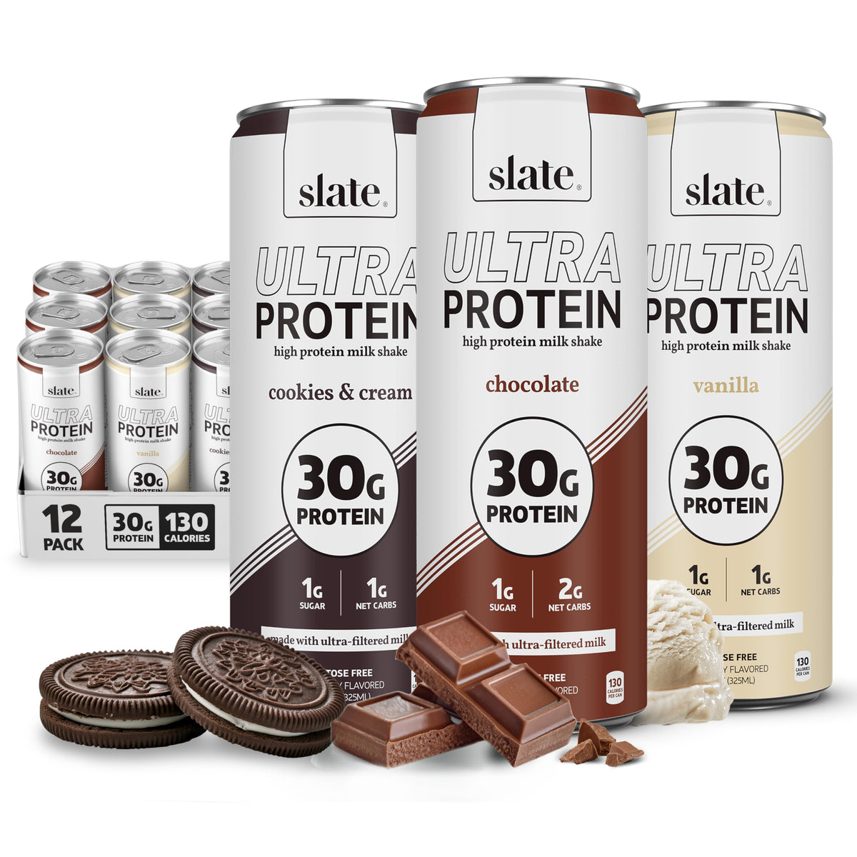 Slate Milk Ultra High Protein Milk Shake (Sweet & Salty Pack) Chocolate, Vanilla & Salted Caramel - 30g Protein, 1g Sugar, 130 Calories, 1-2g Net Carbs, No Added Sugar, Lactose Free, 11 fl oz, 12 Cans