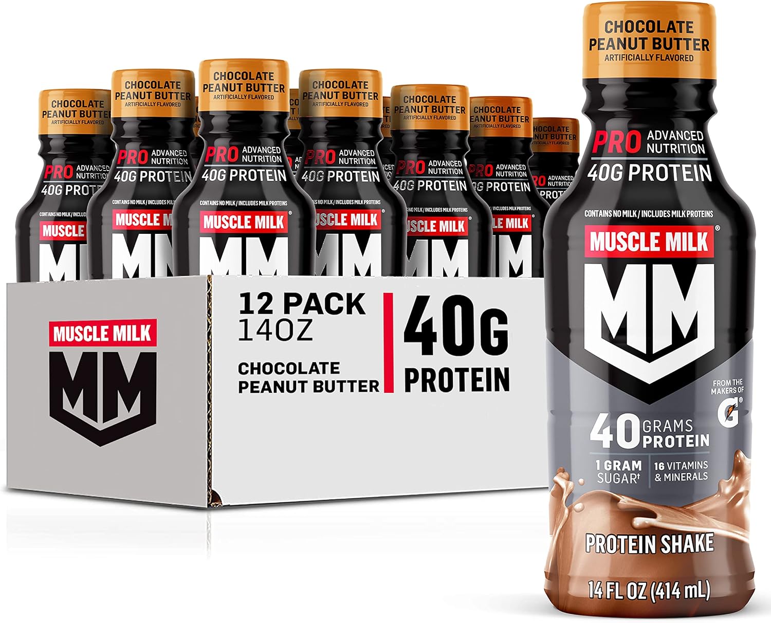 Muscle Milk Pro Series Protein Shake, Chocolate Peanut Butter, 40g Protein, 14 Fl Oz (Pack of 12)