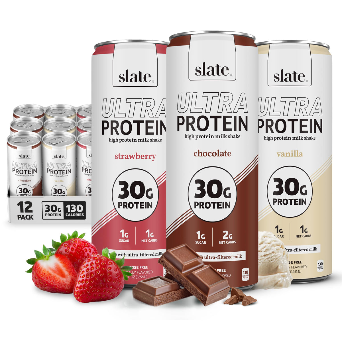 Slate Milk Ultra High Protein Milk Shake (Sweet & Salty Pack) Chocolate, Vanilla & Salted Caramel - 30g Protein, 1g Sugar, 130 Calories, 1-2g Net Carbs, No Added Sugar, Lactose Free, 11 fl oz, 12 Cans