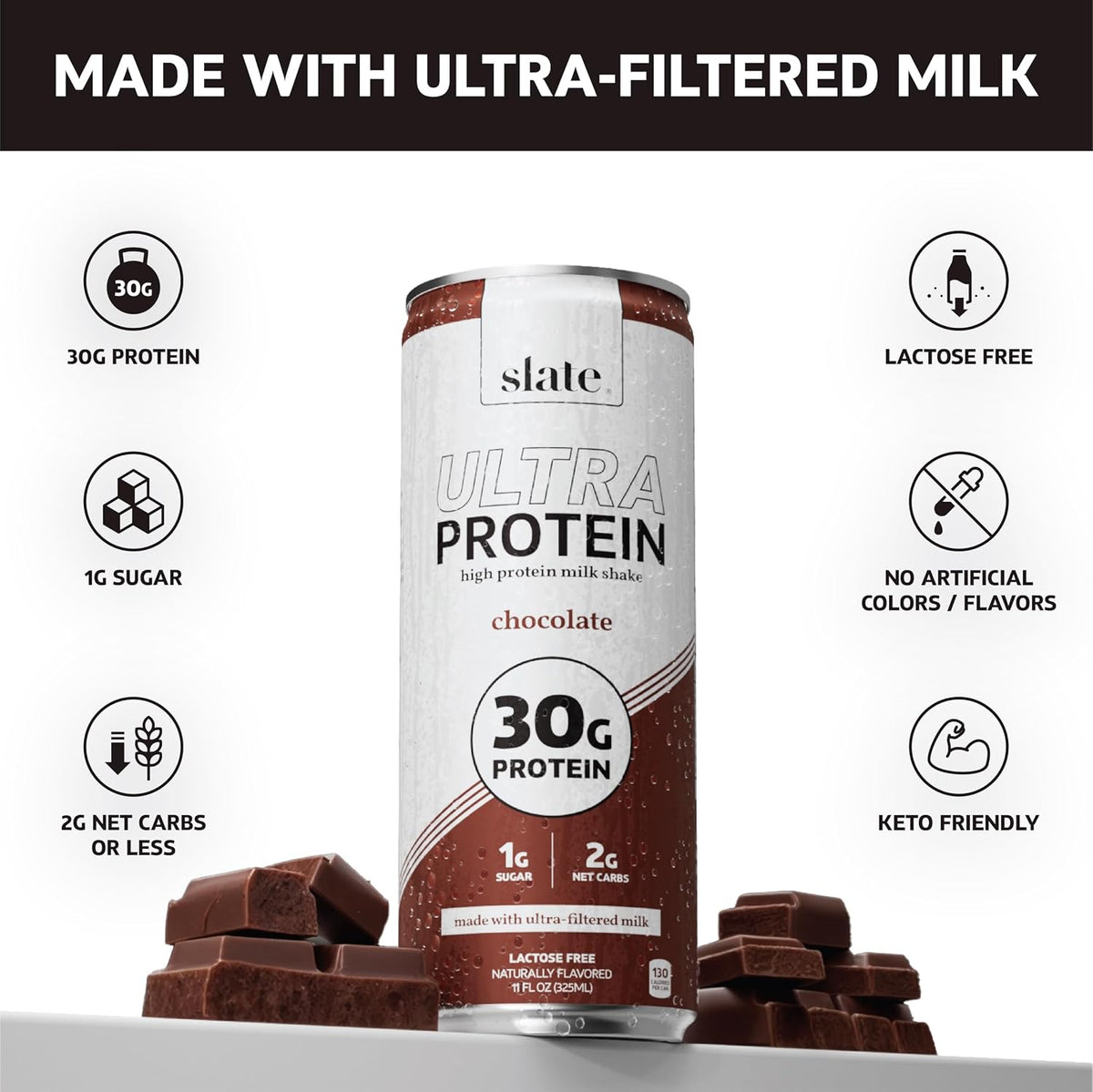 Slate Milk Ultra High Protein Milk Shake (Sweet & Salty Pack) Chocolate, Vanilla & Salted Caramel - 30g Protein, 1g Sugar, 130 Calories, 1-2g Net Carbs, No Added Sugar, Lactose Free, 11 fl oz, 12 Cans