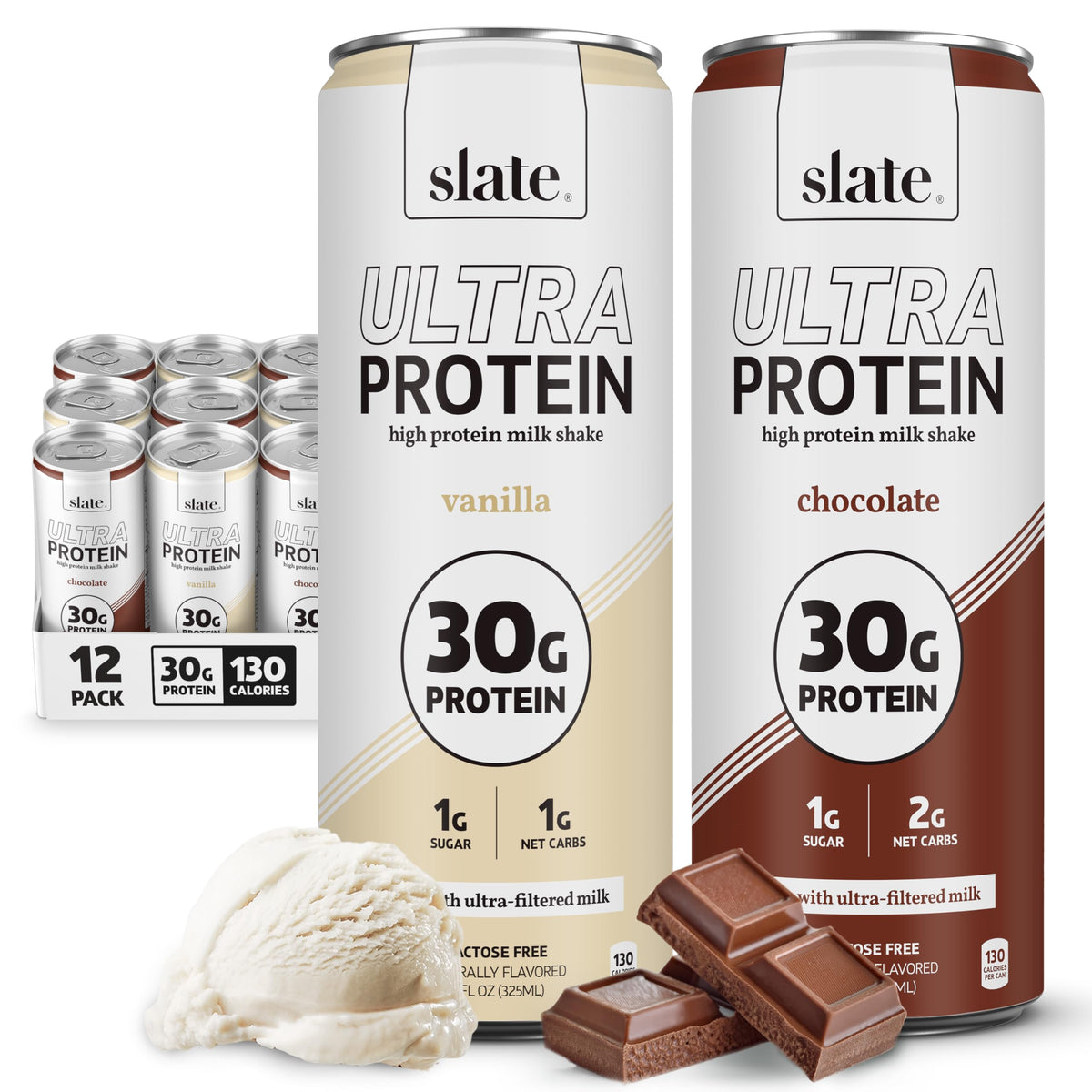 Slate Milk Ultra High Protein Milk Shake (Sweet & Salty Pack) Chocolate, Vanilla & Salted Caramel - 30g Protein, 1g Sugar, 130 Calories, 1-2g Net Carbs, No Added Sugar, Lactose Free, 11 fl oz, 12 Cans