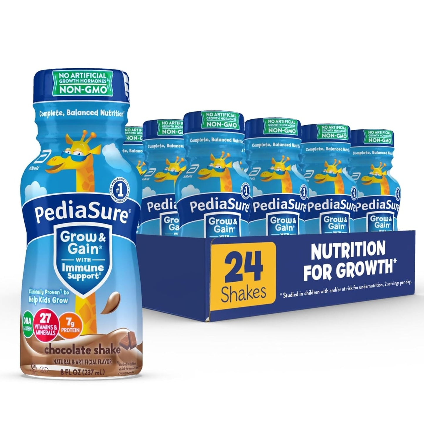 PediaSure Grow & Gain Kids Nutrition Shake, 7g Protein, Chocolate, 24 Pack | GreatTasting Nutritional Shake with Immune Support for Kids, 27 Vitamins & Minerals, is Non-GMO & Gluten-Free, 8 floz bottles