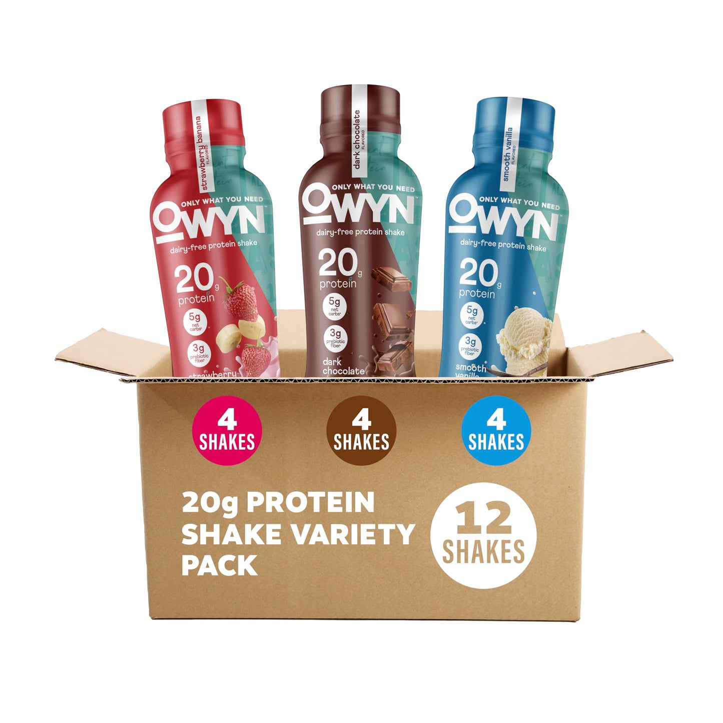 OWYN Only What You Need Dark Chocolate Flavored 20g Protein Shake, 12 Ct | 20g Protein, 4g Sugar, 3g Prebiotic Fiber, Dairy Free, Plant Protein, Gluten Free, Individual 12fl oz Bottles