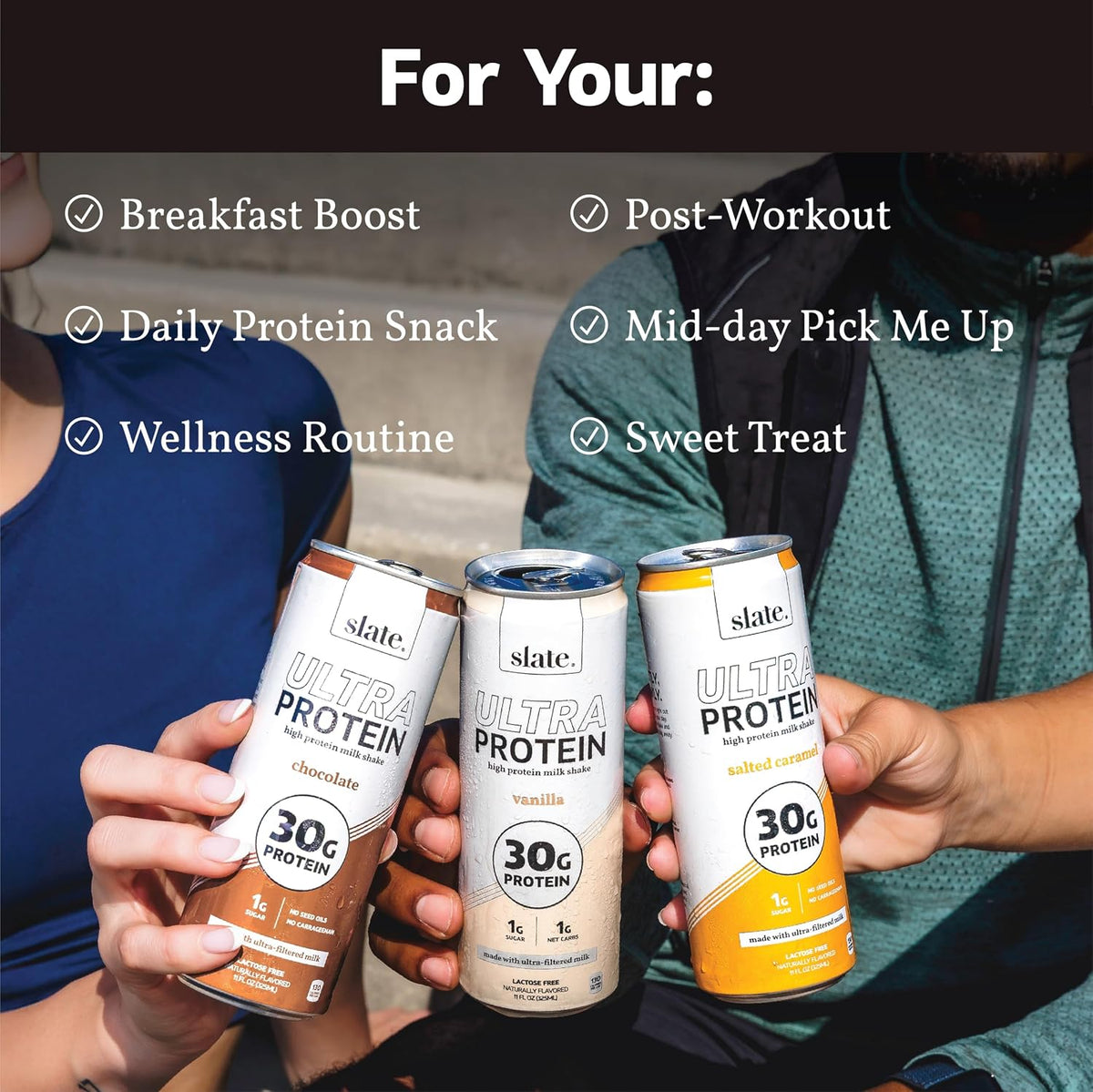 Slate Milk Ultra High Protein Milk Shake (Sweet & Salty Pack) Chocolate, Vanilla & Salted Caramel - 30g Protein, 1g Sugar, 130 Calories, 1-2g Net Carbs, No Added Sugar, Lactose Free, 11 fl oz, 12 Cans